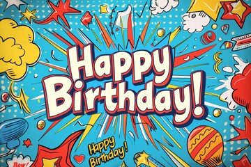Vibrant Comic Style Birthday Background with Superhero Theme and Action Elements for Party Decor