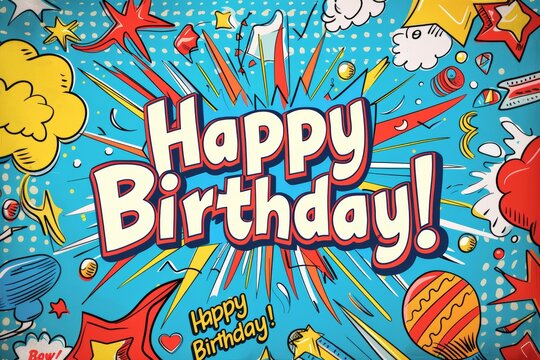 Vibrant Comic Style Birthday Background with Superhero Theme and Action Elements for Party Decor