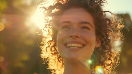Fototapeta premium Happy young woman with curly hair, smiling in sunlight, positive emotions visible