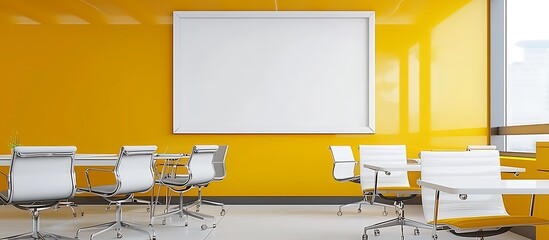 Bright modern office with a yellow and white color scheme, sleek furniture, and a blank white frame on the wall, captured in  ratio.