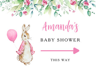 Way sign poster with watercolor pink Peter rabbit