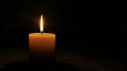 A single glowing candle illuminates a dark room against a black background. Make only the top tip of the candle visible in the light. Gives a warm glow and creates a calm atmosphere.