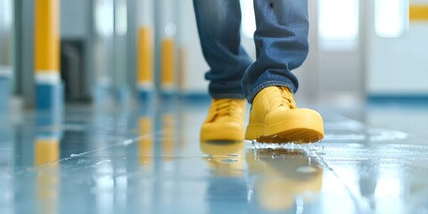 A man slipping on a wet floor next to a caution sign. Concept Slip and Fall, Wet Floor Hazard, Caution Sign, Workplace Safety, Accident Prevention