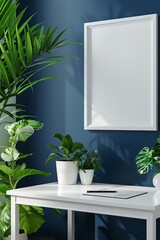Bright modern office with a clean white desk, vibrant green plants, and a blank white frame on a deep blue wall.