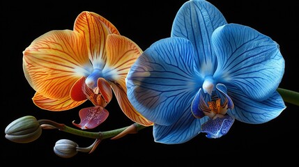   A close-up of two blue and orange flowers on a stem with a single flower bud in the center and another flower bud in the middle