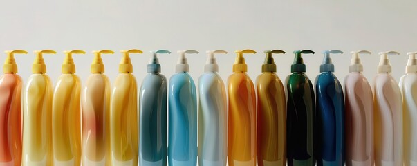 A variety of colorful plastic bottles of shampoo and conditioner line a shelf against a white background.