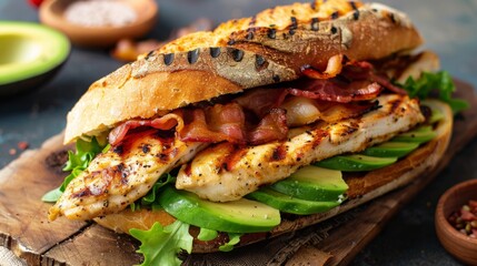 A delicious-looking sandwich with grilled chicken, avocado, and bacon on ciabatta bread