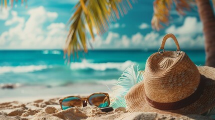 On a tropical beach, a straw hat, bag, sunglasses, and flip-flops.