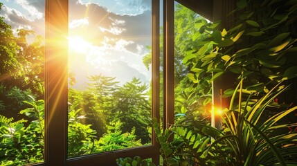 A modern high HD camera in a window with lush green forests and sunlit sky outside, offering a fresh summer view with soft light sun rays.