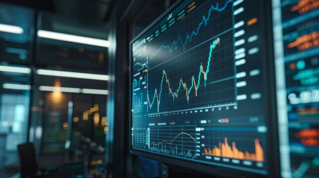 A digital screen showing real-time stock market graphs and data analytics