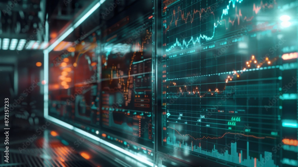Aufkleber A digital screen showing real-time stock market graphs and data analytics