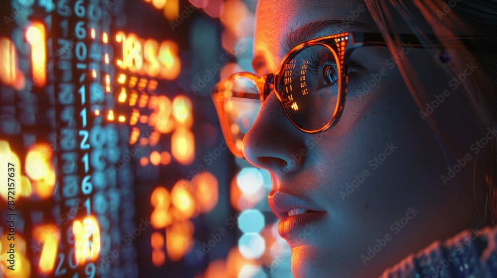 Poster In glasses, women read html scripts, program and do cyber security research, plus interpret data analytics and use holograms of data. IT and coding professionals wear glasses to read html scripts,