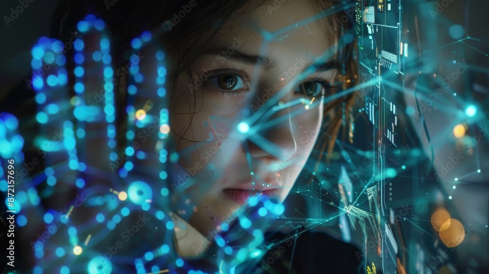 Aufkleber Touching objects in a virtual world through Glasses. Futuristic theme.