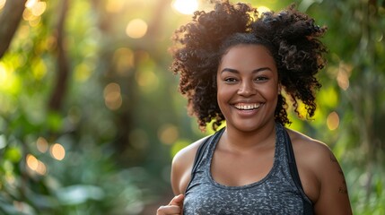 Plus size black woman jogging in a park for fitness.