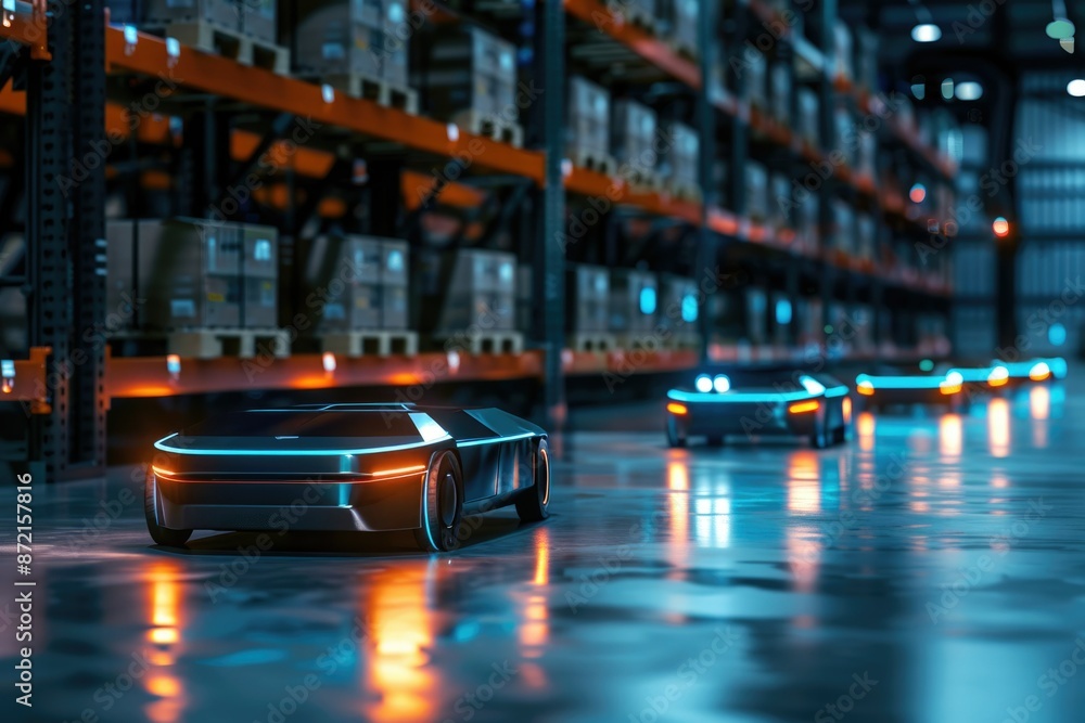 Aufkleber autonomous robots operating in a state-of-the-art industrial warehouse with high-tech storage soluti