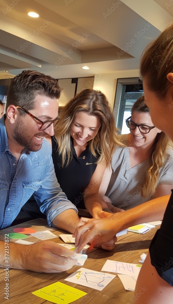 Poster team building exercise promoting unity and collaboration in a casual office setting