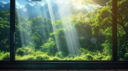 A modern high HD camera in a window with lush green forests and sunlit sky outside, offering a fresh summer view with soft light sun rays.