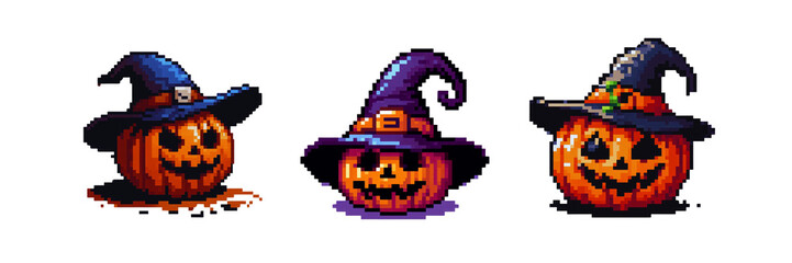 Obraz premium Pixel art Halloween Pumpkin with hat icon, Halloween Day special set of against Transparent background