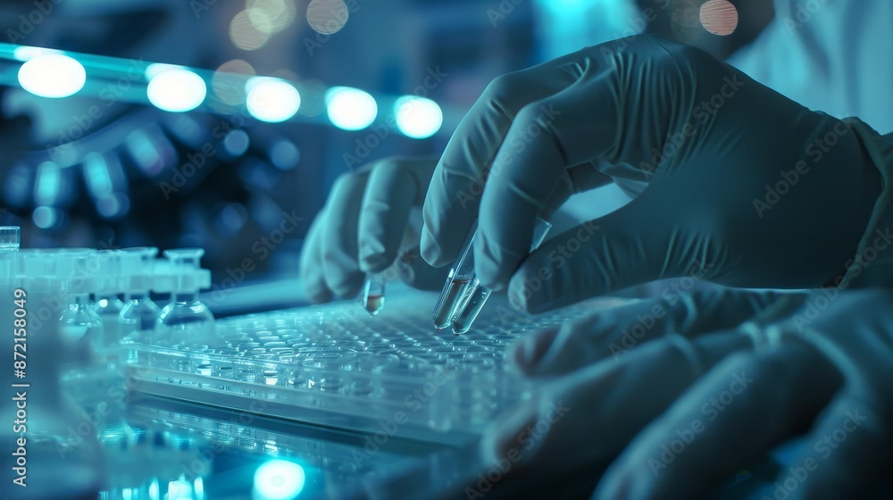 Poster taking a sample and pouring it into a multi-well plate for analysis in a laboratory. stocking the pl