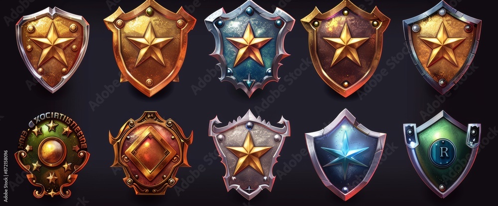 Poster for game gui ui design, precious stones in gold and silver frames with stars and fantasy frames. mod