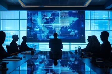 Corporate Board Meeting Discussing Cybersecurity Strategies with Advanced Digital Security Interface