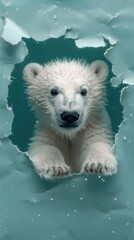 Fototapeta premium Cute polar bear, in a hole in a broken ice. Polar bear on drift ice edge with snow and water. White big animal in the nature habitat. advertisement concept, banner