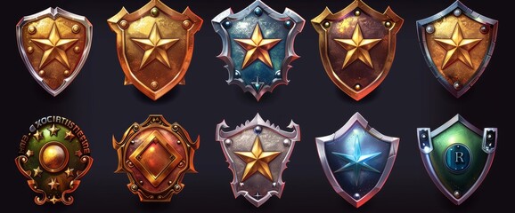 For game gui UI design, precious stones in gold and silver frames with stars and fantasy frames. Modern illustration.
