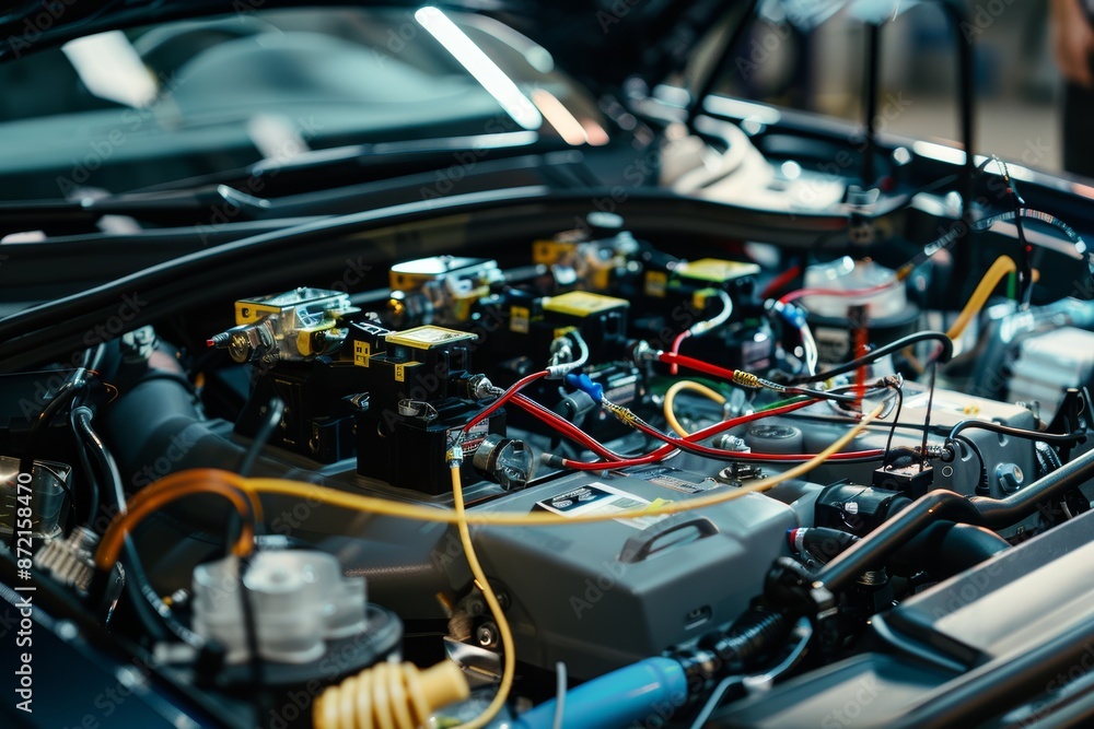 Poster car engine bay with diagnostic sensors and tools measuring performance parameters for maintenance an