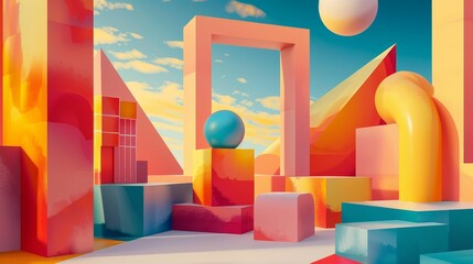 Fototapeta premium Abstract summer podium with geometric shapes and vibrant colors, Modern, Bright hues, Digital art
