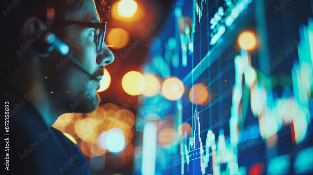 Poster a financial analyst analyzing market trends and economic indicators on a large digital display