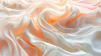 Obraz premium Abstract peach and white silk fabric texture. Showing its soft, flowing translucent texture and subtle color gradient. Fabric is arranged in folds and waves, creating an abstract gentle pattern.