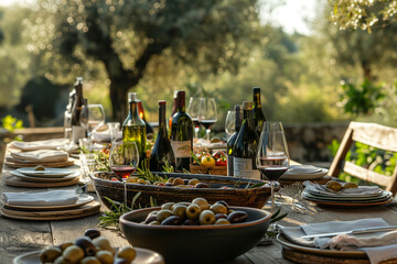 Italian summer dining table outdoor with sunshine, olives and wine
