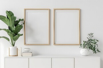 Minimalist mockup of two wooden frames on a white wall with a white cabinet and a green plant