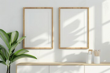 Minimalist mockup of two wooden frames on a white wall with a white cabinet and a green plant