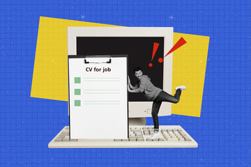 Trend artwork sketch image photo collage of workspace candidate vacancy research computer monitor...