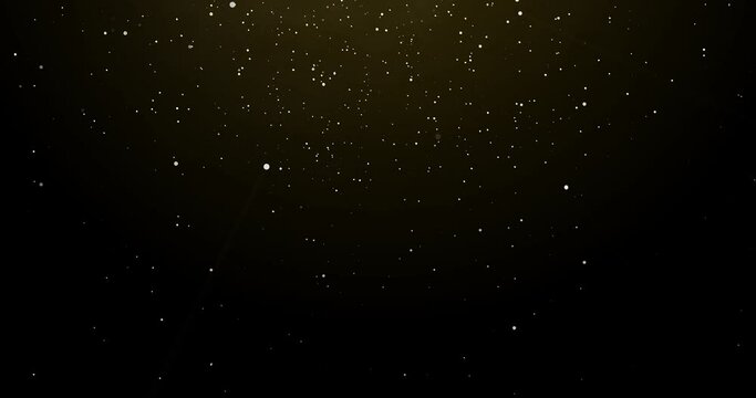 Dust, particles and black background with light rain, space or texture with gold sparkle. Firefly, powder or pattern of glitter dots, meteor shower or confetti glow for celebration on dark wallpaper