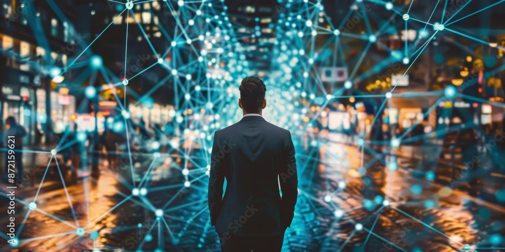 Aufkleber a business executive positioned within a network framework