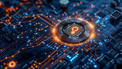 Cybersecurity concept with computer motherboard and safety lock.