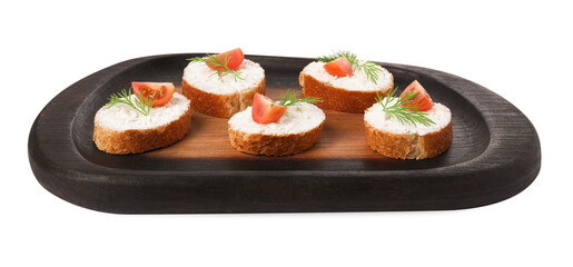 Delicious bruschettas with fresh ricotta (cream cheese), tomato and dill isolated on white