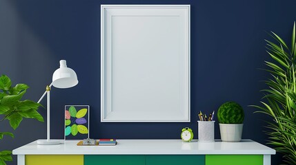 Bright office mockup with a white desk, colorful green accents, and an empty white frame on a dark blue wall in a  layout.