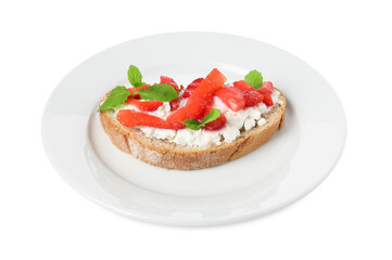 Delicious bruschetta with fresh ricotta (cream cheese), strawberry and mint isolated on white
