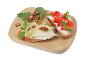 Delicious bruschettas with fresh ricotta (cream cheese), strawberry, mint and pear isolated on white