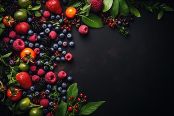 Fruits and berries around blank copy space on dark background.