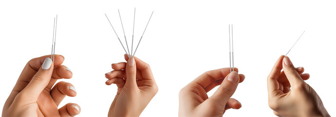 Holding acupuncture needles from hand isolated on transparent background