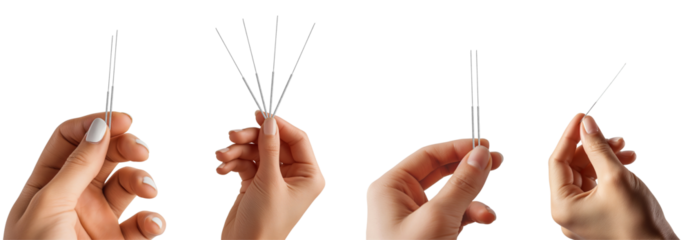 Holding acupuncture needles from hand isolated on transparent background
