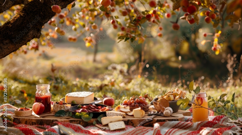 Poster a cozy picnic blanket spread out under an apple tree with an array of cheeses cured meats and homema
