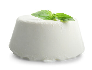 Fresh ricotta (cream cheese) and basil isolated on white