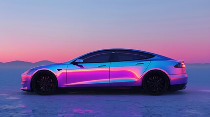 A side view of a modern electric car with an iridescent wrap, parked in a desert landscape at sunset. The cars paint shimmers with shades of purple, pink, and blue, reflecting the colorful sky.