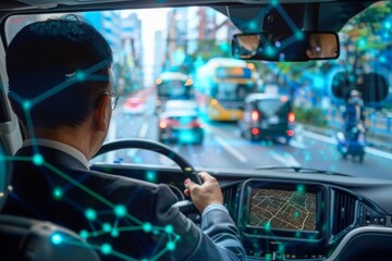 Naklejka premium Businessman Driving Through a Modern City