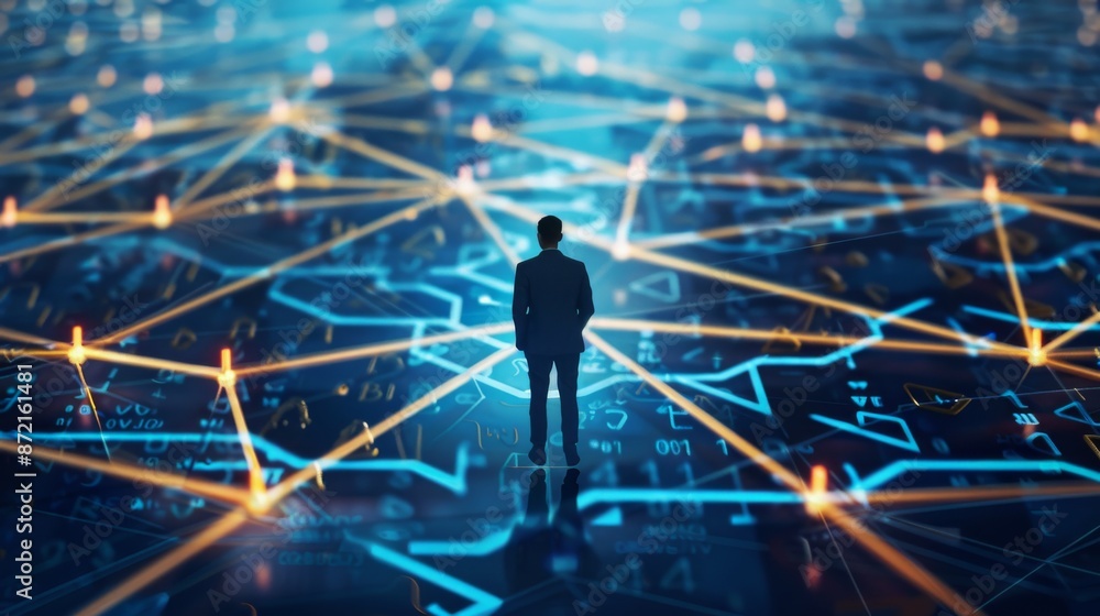 Poster businessman standing on digital network with data visualization